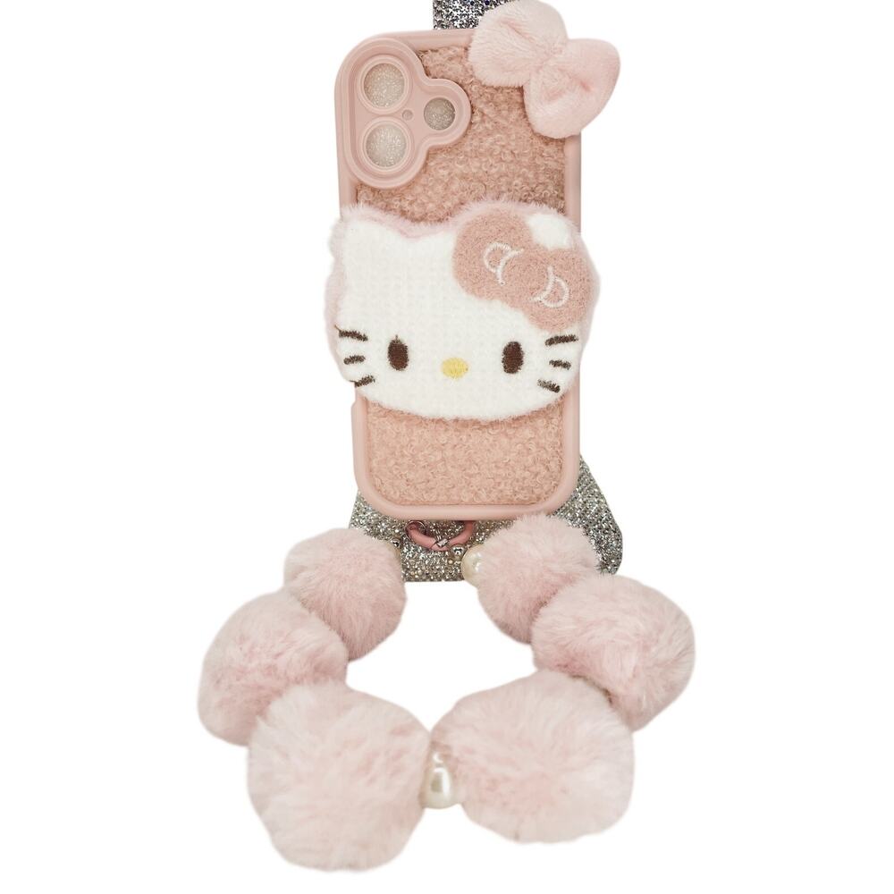 Hello Kitty Faux Fur Teddy PomPom Pastel Pink Kawaii Case Wrislet IPhone 17 Cute